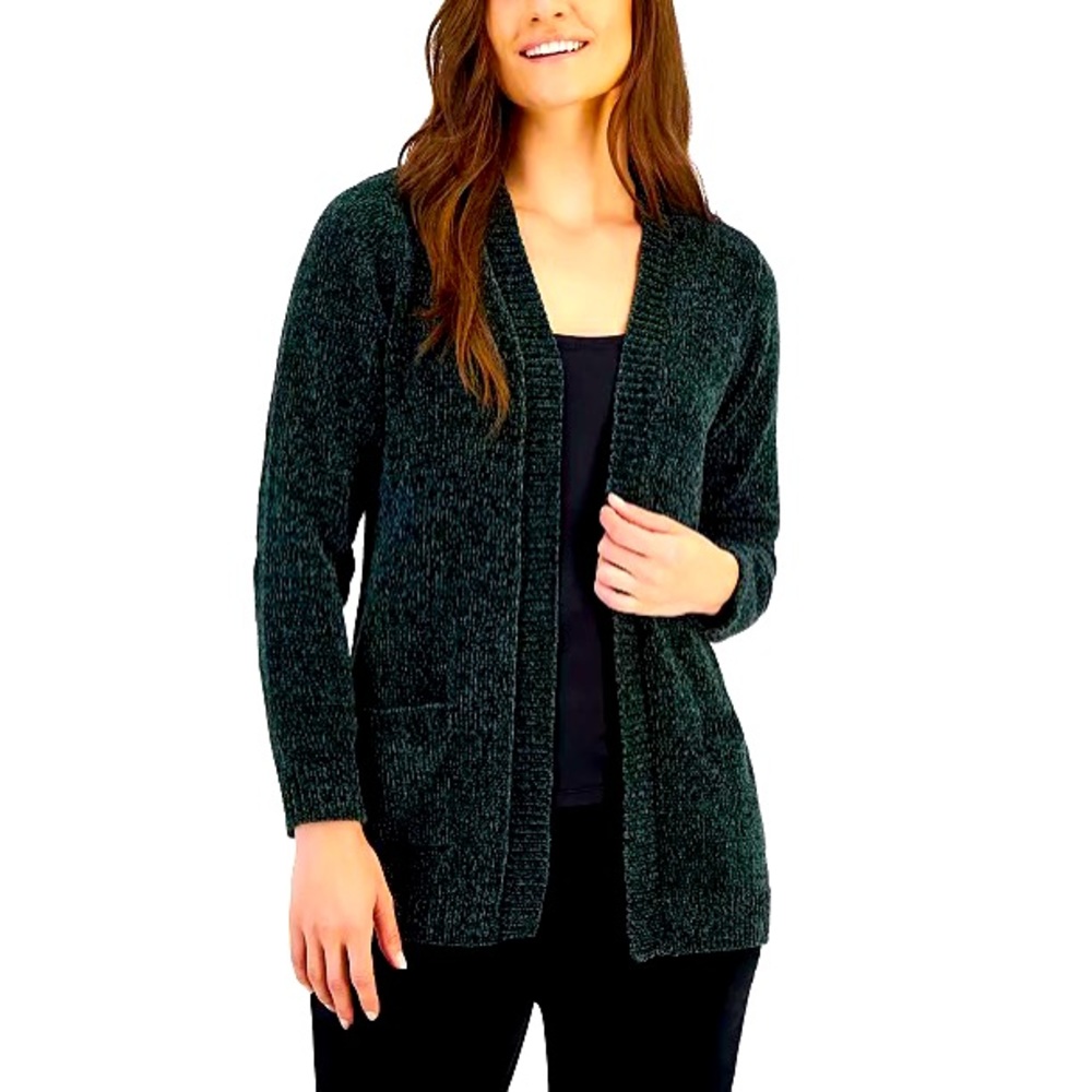 New Petite Chenille Cardigan in Forest Green